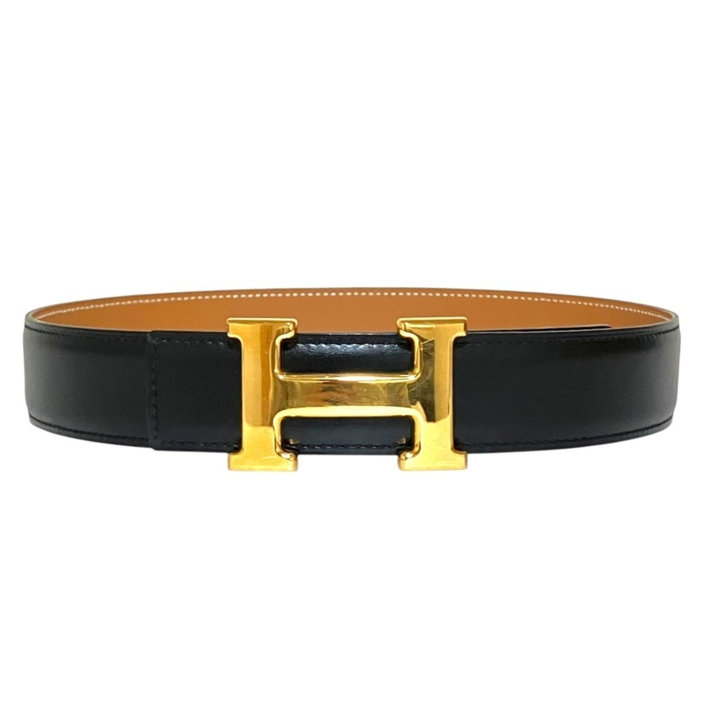 HERMES Vintage Constance Leather Belt, H-Buckle, Size 85, Black/Beige/Gold To...